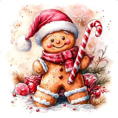 a watercolor painting of a gingerbread man holding a candy cane