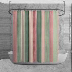 a shower curtain with pink, green and red stripes on it in front of a white bath tub