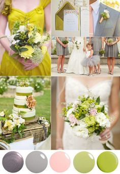 the wedding color scheme is green, yellow and pink