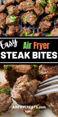 easy air fryer steak bites recipe with text overlay