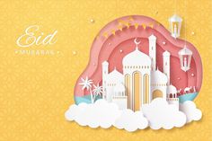 eid mubarak greeting card with mosque and lantern in paper cut style on yellow background