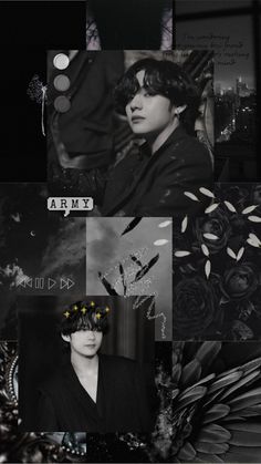 black and white collage with many different images in it, including an angel's wings