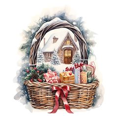 a christmas basket with presents in it and a house on the other side, surrounded by snow