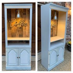 two pictures of an old china cabinet turned into a light blue display case with the word coffee on it