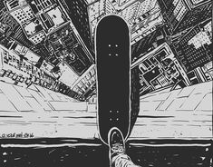 a black and white drawing of a person standing on a skateboard in the middle of a city