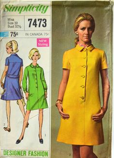 1960s Simplicity Pattern 7473: Size 10, Bust 32.5, Dated 1967 Juniors' and Misses' Dress.  The dress without side seams has yoke, front button closing in front seam, set-in sleeves, bias collar, pockets concealed in side front seams and self fabric back belt with button trim.  V1 has long sleeves gathered to buttoned cuffs.  V2 has short sleeves. Vintage condition: Uncut factory fold pattern pieces,instructions included.  Pieces may be discolored.  Envelop in good condition with minor wear along edges and corners, and some discoloration. Items will be shipped in a moisture-resistant photo mailer to prevent damage. There are many tutorials on the internet on how to resize vintage sewing patterns if these measurements don't work for you! Style Dress Patterns, Style Année 60, Simplicity Patterns Dresses, Mod Mini Dress, Robes Vintage, Vintage Dress Patterns, Couture Mode, 1960's Dress, Simplicity Sewing