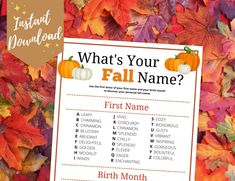 a fall themed baby shower game with pumpkins and leaves on the ground, which is what's your name?