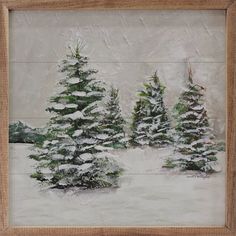 a painting of three pine trees in the snow