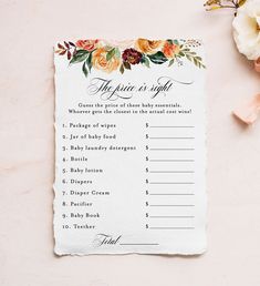 a wedding game with flowers on it and the price is right for each guest to pick up