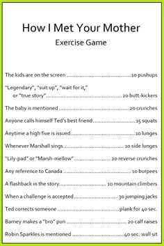 the instructions for how to met your mother's exercise game, with text on it