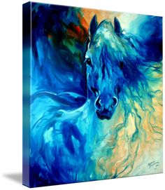 a painting of a blue horse with long hair