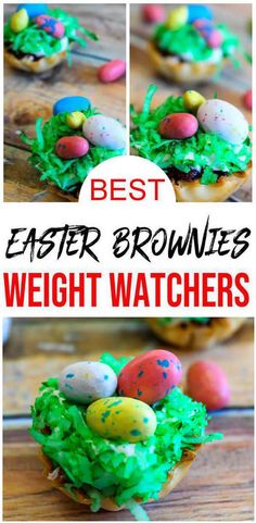 Weight Watchers Easter Brownies with phyllo shells brownie filling & candy easter eggs Weight Watchers Brownies, Snacks Yummy, Easter Brownies, Easter Dessert Table, Ww Food