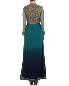 This blue shaded long anarkali suit is in Pure gorgette fabric. Yoke part of this anarkali suit embroidered in golden zari and thread and sequin. This long anarkali is designed in such a way that it gives straight look. Padded yoke and zip closure. Sleeves are of net but its optional you can also choose gorgette sleeves. This blue shaded long anarkali suit comes with Pure crepe churidar and Pure chiffon dupatta. Long Anarkali, Pure Chiffon, Peacock Green, Anarkali Suit, Churidar, Anarkali, Sequin, Chiffon, Thread