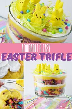 an easter trifle with yellow frosting and peep holes on top is shown