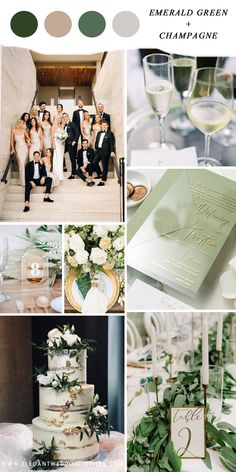 a collage of photos with green and white wedding colors