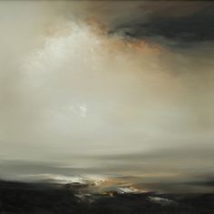 an abstract painting with grey and orange colors in the sky, on top of a hill