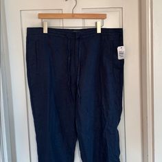 Nice Navy Blue Size 38 Men’s Linen Pants New With Tags Blue Relaxed Fit Cropped Bottoms, Blue Cropped Leg Pants With Pockets, Spring Pull-on Style Pants, Blue Cropped Leg Pull-on Pants, Blue Cropped Leg Pull-on Style Pants, Blue Cropped Leg Pants, Blue Pull-on Cropped Leg Bottoms, Blue Pull-on Ankle-length Pants, Blue Cropped Leg Pull-on Bottoms