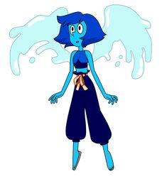 a cartoon character with blue hair and an orange ribbon around her waist, standing in front of a white background