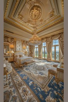 an ornate bedroom with chandelier and large windows