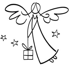 an angel holding a gift box with stars around it