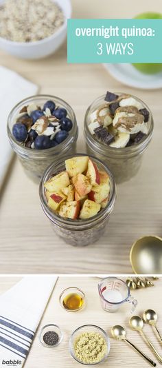 three bowls filled with oatmeal and fruit on top of a wooden table