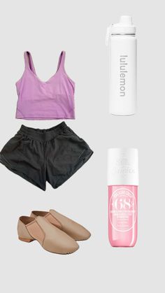 the contents of a women's sports bra top, shorts, and water bottle