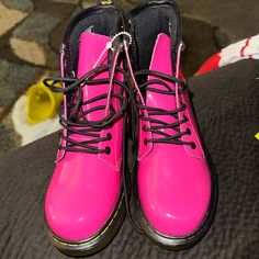 Pink Kids Leather Dr. Marten Boots. *Never Worn* Sz 1 Cute Pink Synthetic Boots, Pink Winter Boots For School, Cute Pink Leather Boots, Casual Pink Boots For School, Doc Martens Combat Boots, Ankle Combat Boots, Leopard Print Boots, Side Zip Boots, Ankle Shoes