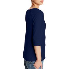 Closure Type: Pullover HeadFit: Regular FitNeckline: Round NeckSleeve Length: 3/4 SleeveApparel Length: 26 InchesFiber Content: 95% Cotton, 5% SpandexFabric Description: JerseyCare: Machine WashCountry of Origin: Imported Affordable Blue 3/4 Sleeve Shirt, Blue Stretch V-neck T-shirt, Navy Cotton Moisture-wicking T-shirt, Large Shirts, Bateau Neckline, Everyday Essentials, Women's T Shirt, Three Quarter, Everyday Essentials Products