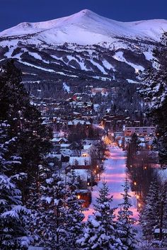 a snowy mountain with trees and buildings in the foreground at night, lit up by street lights