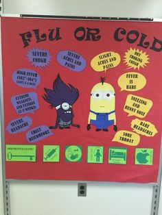 a bulletin board with an image of a minion and another cartoon character on it