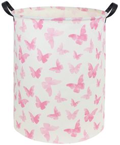 a pink and white butterfly print laundry hamper with black handles on the bottom,