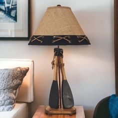 2 Boat Paddle Table Lamp w/Shade Boat Lamp, Anchor Lamps, Fishing Lamp, Dark Wood Living Room, Boat Floor Lamp, Metal Paper Towel Holder, Burlap Lampshade, Brass Nautical Lamps, Metal Plant Hangers