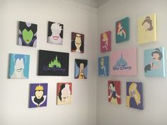 there are many disney princess paintings on the wall