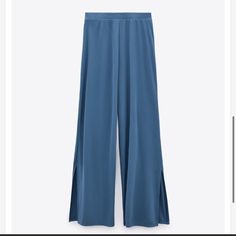 Zara Blue Flowing High Waisted Flare Split Pants Size M New With Tag Chic Blue Wide Leg Loungewear Pants, Chic Blue Wide Leg Pants For Loungewear, Casual High Waist Pants With Side Slits, Spring Loungewear Bottoms With Side Slits, Casual Solid Bottoms With Side Slits, Blue Wide-leg Pants With Elastic Waistband, Spring Wide-leg Pants With Side Slits, Elegant Blue Wide Leg Pants With Elastic Waistband, Versatile High Waist Blue Bottoms