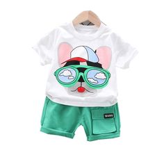 Description 2 Pcs Clothing Fashion Dog Design T-Shirt + Shorts Material: Cotton Season: Spring & Summer Gender: Unisex Collar type: O-neck Age Range: 6 months - 4 years Package includes: 1xT-Shirt + 1xShorts Size Chart INCH Size Length Size Shoulder Pant Length Height Range Waist Hip Bust 9M 14.1 S/80 9.8 10.6 25.9-31.5 14.9 19.6 21.2 12M 14.1 S/80 9.8 10.6 25.9-31.5 14.9 19.6 21.2 2T 14.9 M/90 10.2 11.4 31.5-33.4 14.9 20.4 22.4 3T 15.7 L/100 10.6 12.2 33.4-37.4 15.7 21.6 23.6 4T 16.5 XL/110 11. Green T-shirt For Playwear In Summer, Green T-shirt For Summer Playwear, Casual Green T-shirt For Summer, Cartoon Print Cotton Short Sets, Cotton Cartoon Print Short Sets, Green Cartoon Print Summer Sets, Summer Sets With Cartoon Print And Shorts, Playful Cartoon Print Shorts For Summer, Green Cotton Sets With Cartoon Print