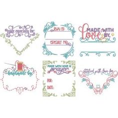 cross stitch designs with the words made with love in different font and colors on them