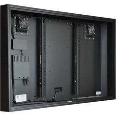 the wall mounted enclosure is open and ready to be used for storing electronic equipment or other items