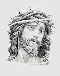 the face of jesus with crown of thorns on his head, drawn in black and white