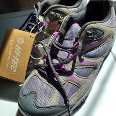 Hi-Tec Gray And Purple Hiking Shoes. Dri-Tec Technology, I'shield And V-Light Technology. Brand New, Never Worn, Size Women's 6.5 Sporty Purple Walking Shoes With Round Toe, Purple Sneakers With Round Toe For Outdoor Activities, Purple Round Toe Sneakers For Outdoor Activities, Purple Walking Shoes With Round Toe, Purple Walking Shoes With Round Toe For Sports, Purple Round Toe Walking Shoes For Sports, Low-top Hiking Sneakers With Ventilation, High-top Trail Running Shoes With Reinforced Toe For Hiking, Gray Low-top Breathable Hiking Boots