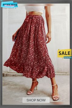 Women's Printed Ruffled Chiffon and Sweet Long Skirt Flowy Ruffled Maxi Skirt For Day Out, Feminine Ruffled Maxi Skirt For Vacation, Casual Flowy Ruffled Skirt, Flowy Chiffon Maxi Skirt With Ruffles, Feminine Ruffle Hem Maxi Skirt For Summer, Flowy Ruffled Skirt For Brunch, Feminine Summer Maxi Skirt With Ruffle Hem, Ruffled Skirt For Brunch, Flowy Chiffon Skirt With Ruffles