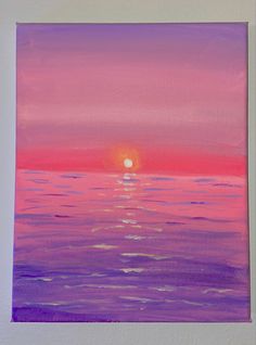 an acrylic painting of a sunset over the ocean with pink and purple hues