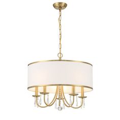 a chandelier hanging from the ceiling with a white shade on it and gold trimming