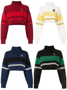 four sweaters in different colors and sizes, all with the same logo on them