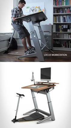 a man standing at a desk using a computer on top of it and the bottom one is