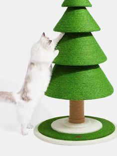 a white cat reaching up to reach a green christmas tree on top of a scratching post