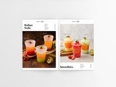 two pages from the cookbook have different drinks in them, and one is filled with fruit