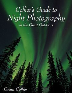 the cover of a book with an image of trees and green lights in the sky