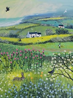 a painting of flowers and birds in a field with houses on the hill behind it