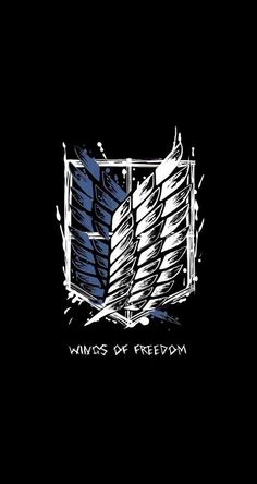 the logo for wings of freedom on a black background with white lines and blue paint