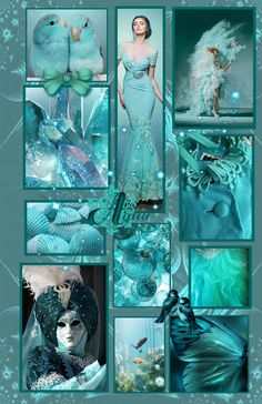 a collage of blue and green images with mermaids in the background, including an ocean theme